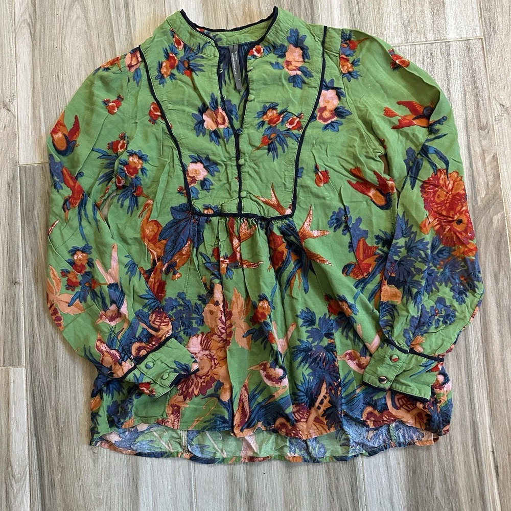 Anthropologie Green Floral Button-Down Top - Picture 2 of 12